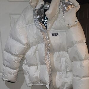 Purple Brand White Puffer Jacket with Silver Lining With Interior Suspenders